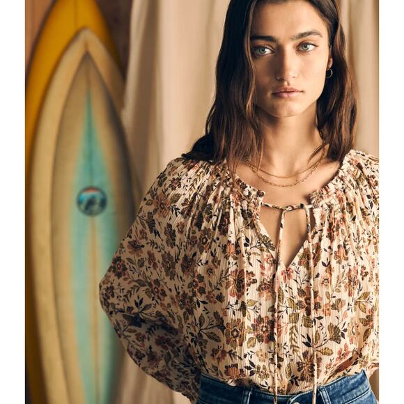 Faherty Floral Blouse in Cream and Brown - Picture 1 of 8